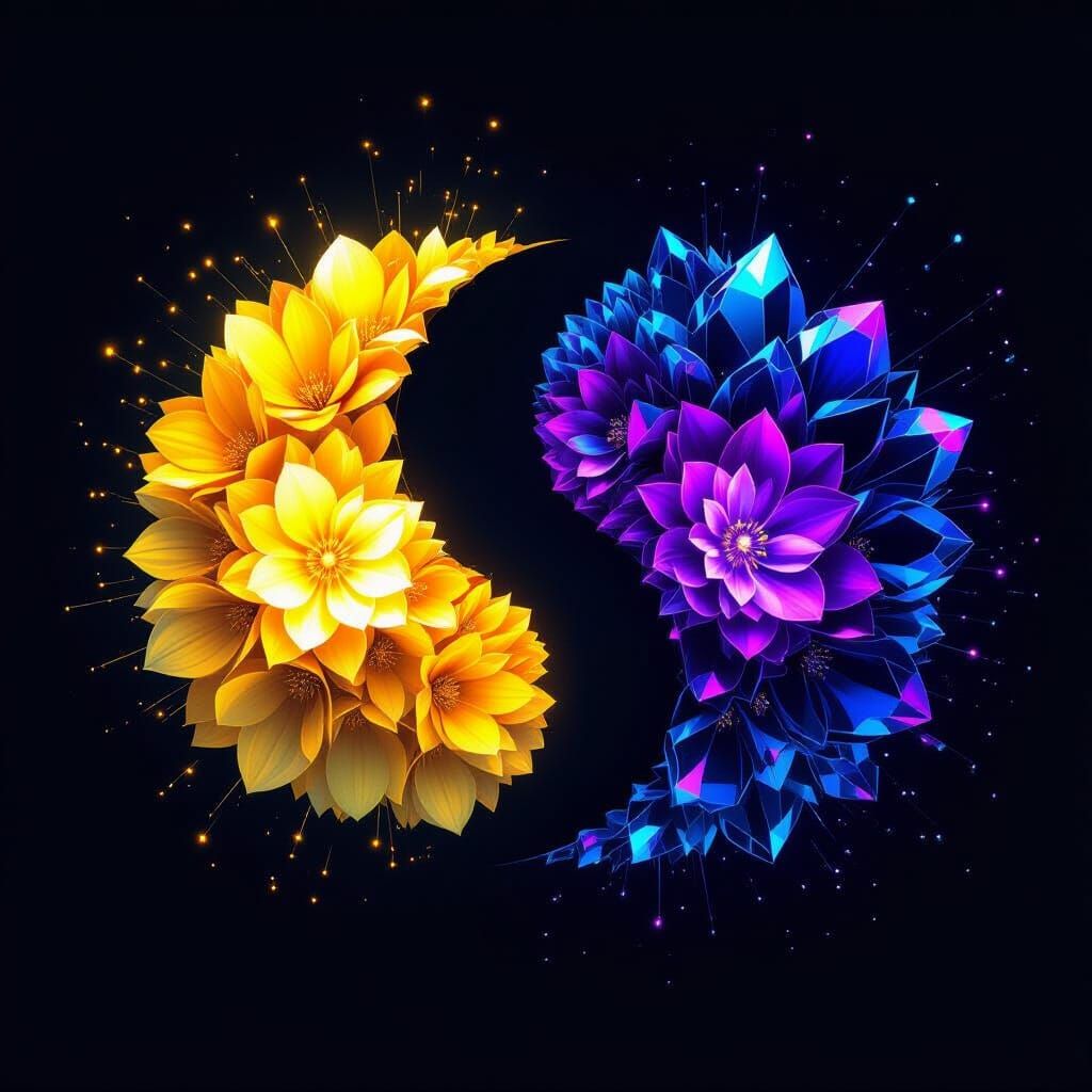 Yin-Yang Landmasses with Bioluminescent Flowers