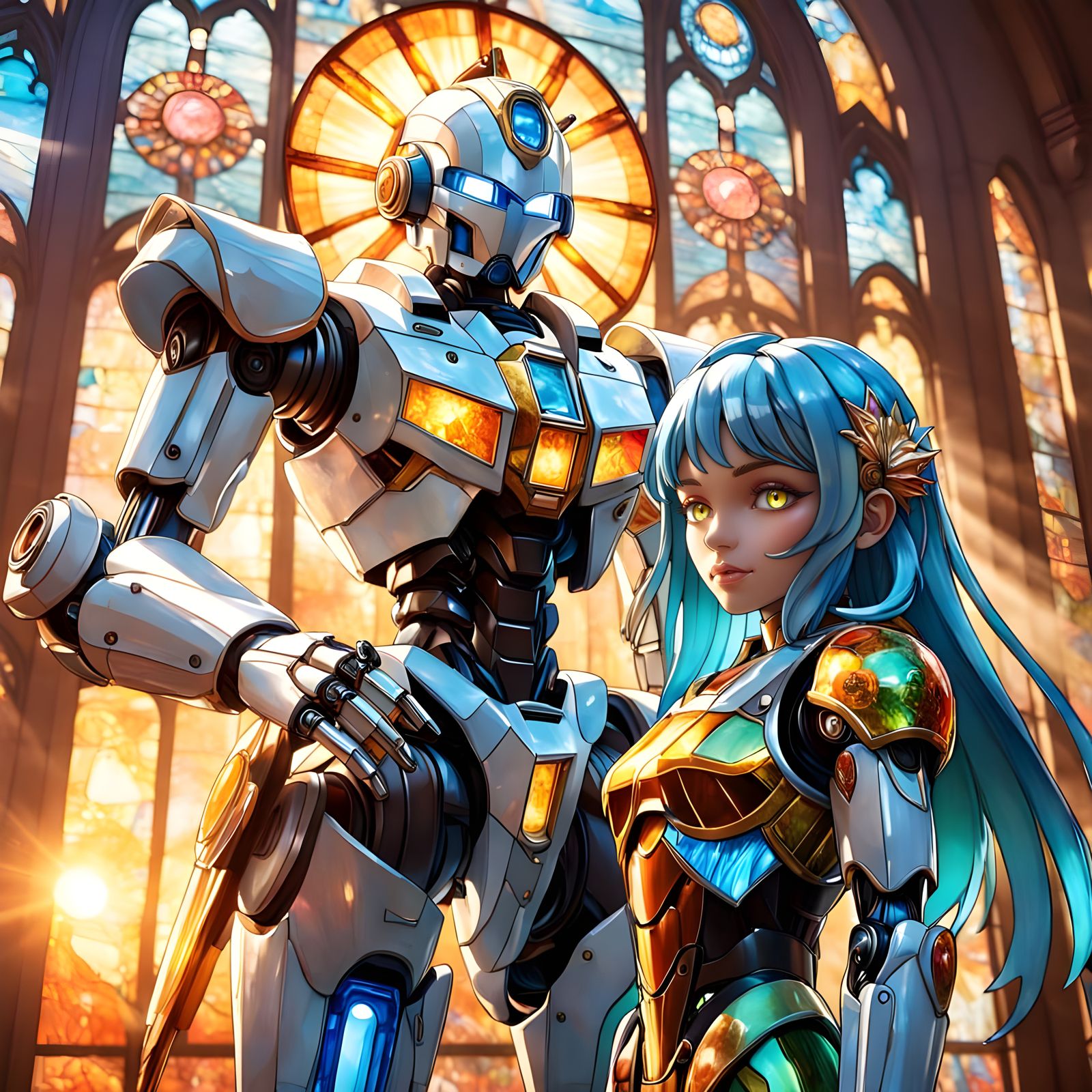 Stained Glass Robot Goddess in Anime Style