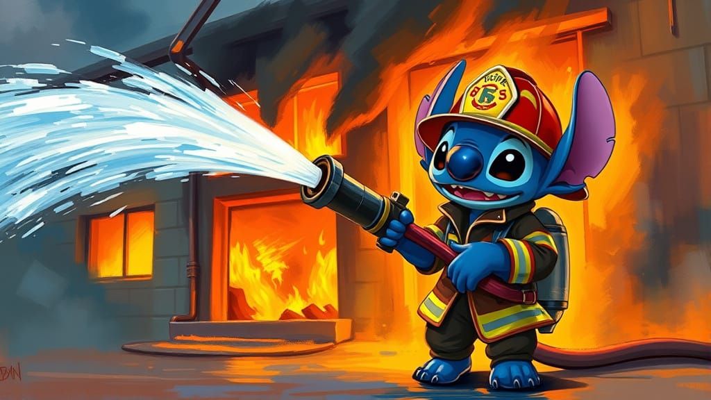 Stitch the Firefighter in Impressionist Style