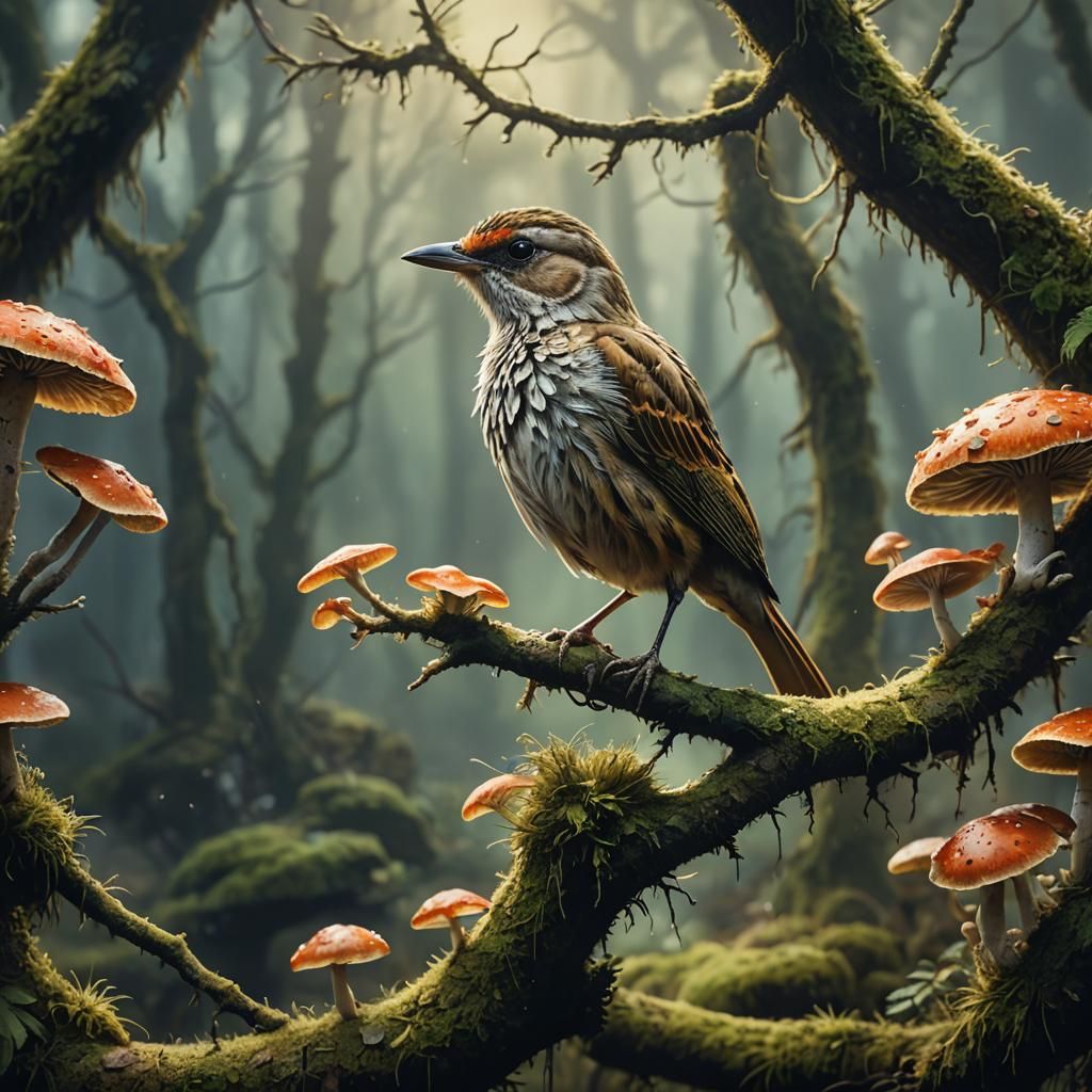 Fungal Bird Perched on Mossy Branch in Digital Art