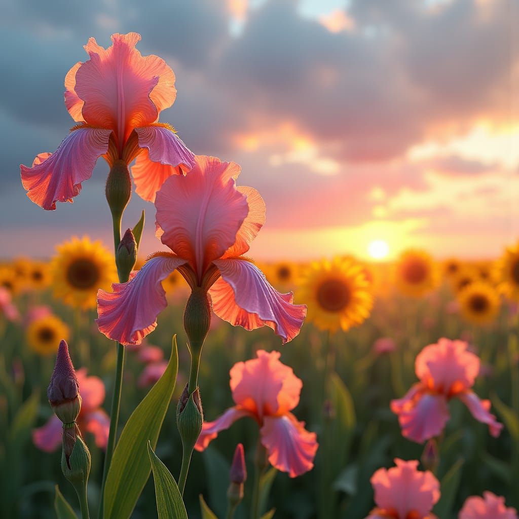 Hyper-Realistic 3D Landscape with Irises and Sunflowers