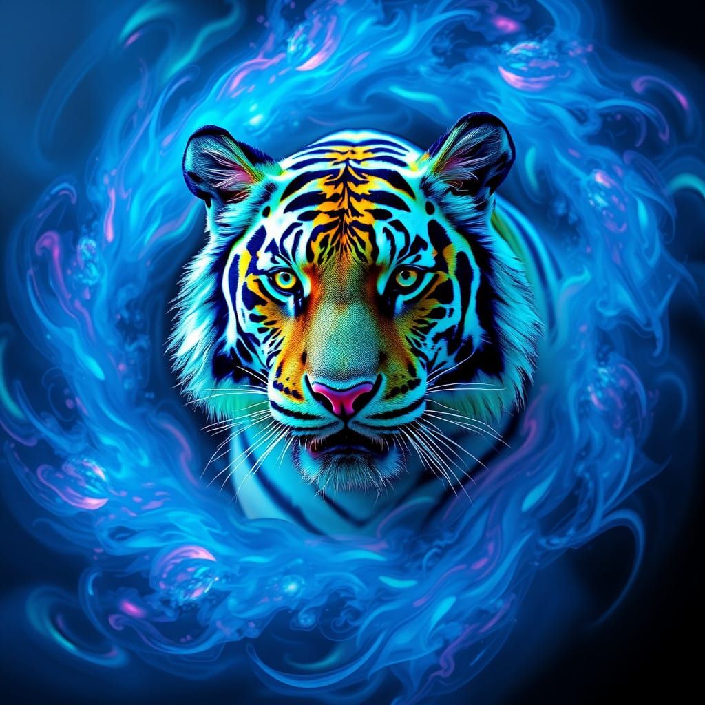 Electric Blue Tiger Radiates Neon Glow in Futuristic Landsca...