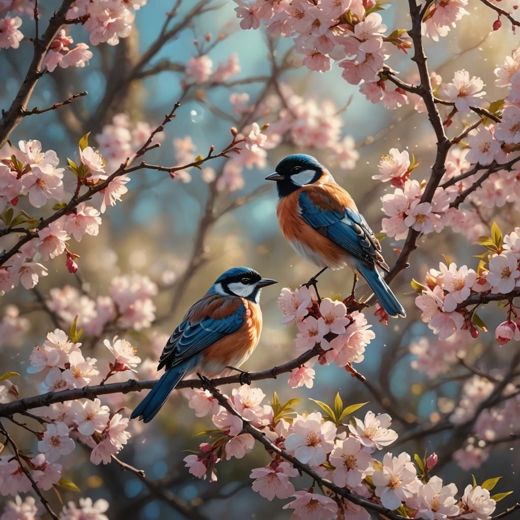 Bird on Blossom Branch in Matte Painting Style