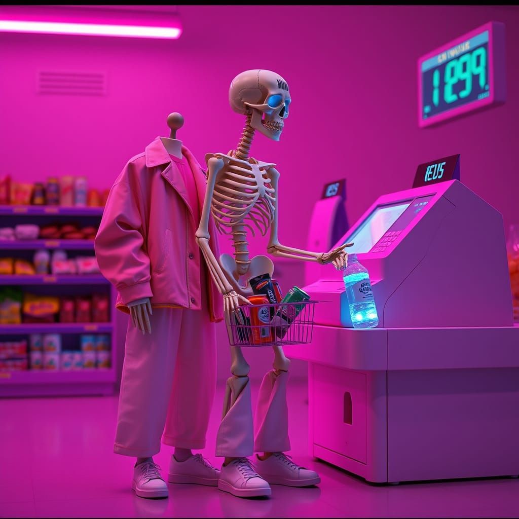 Skeleton Fashionista at Retro Cash Register