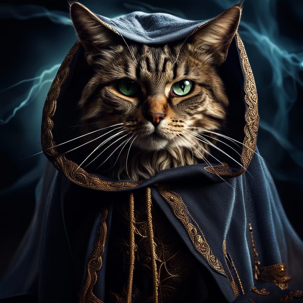 Sorcerer Cat with Magic Cloak in Hyperrealistic Style