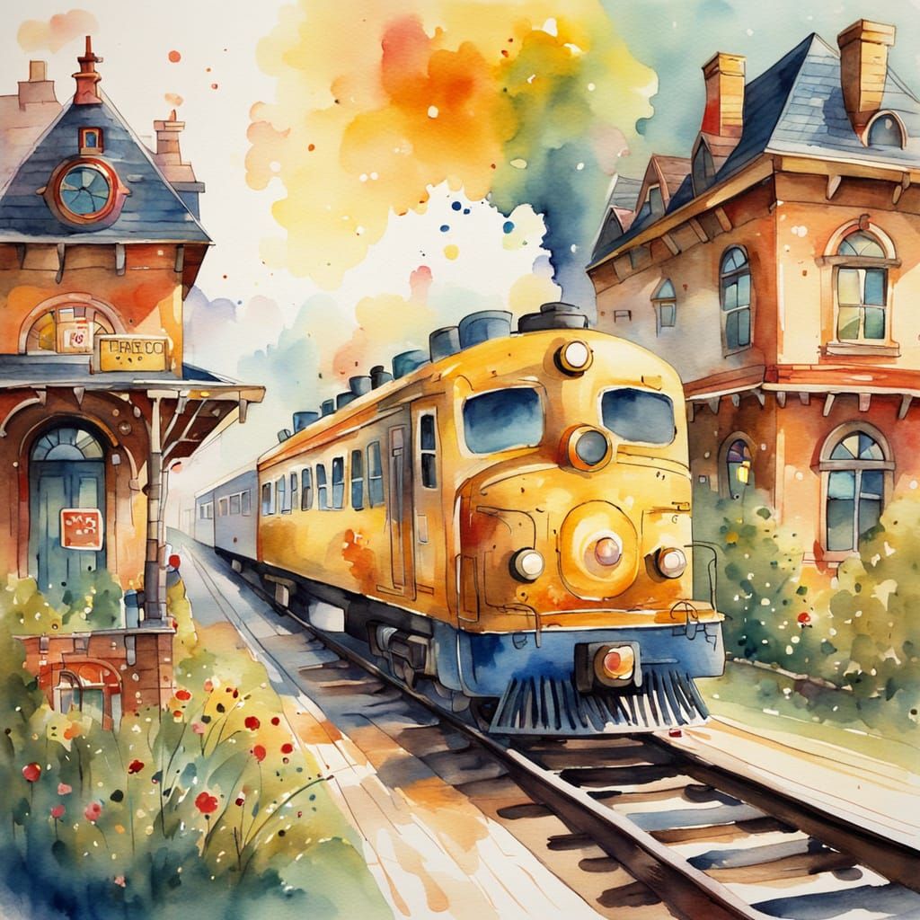 Whimsical Watercolor Train Arriving at Station