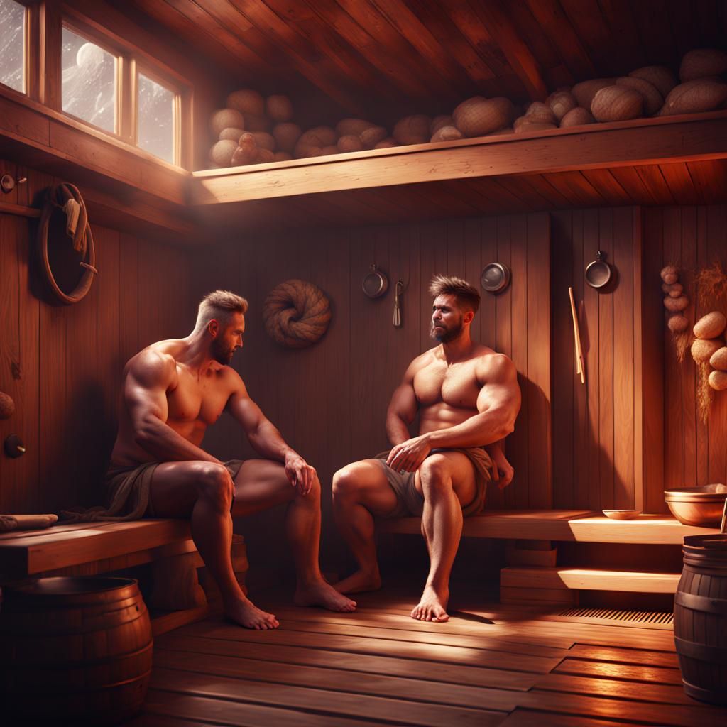 Hunky Men Relaxing in a Fantastical Sauna
