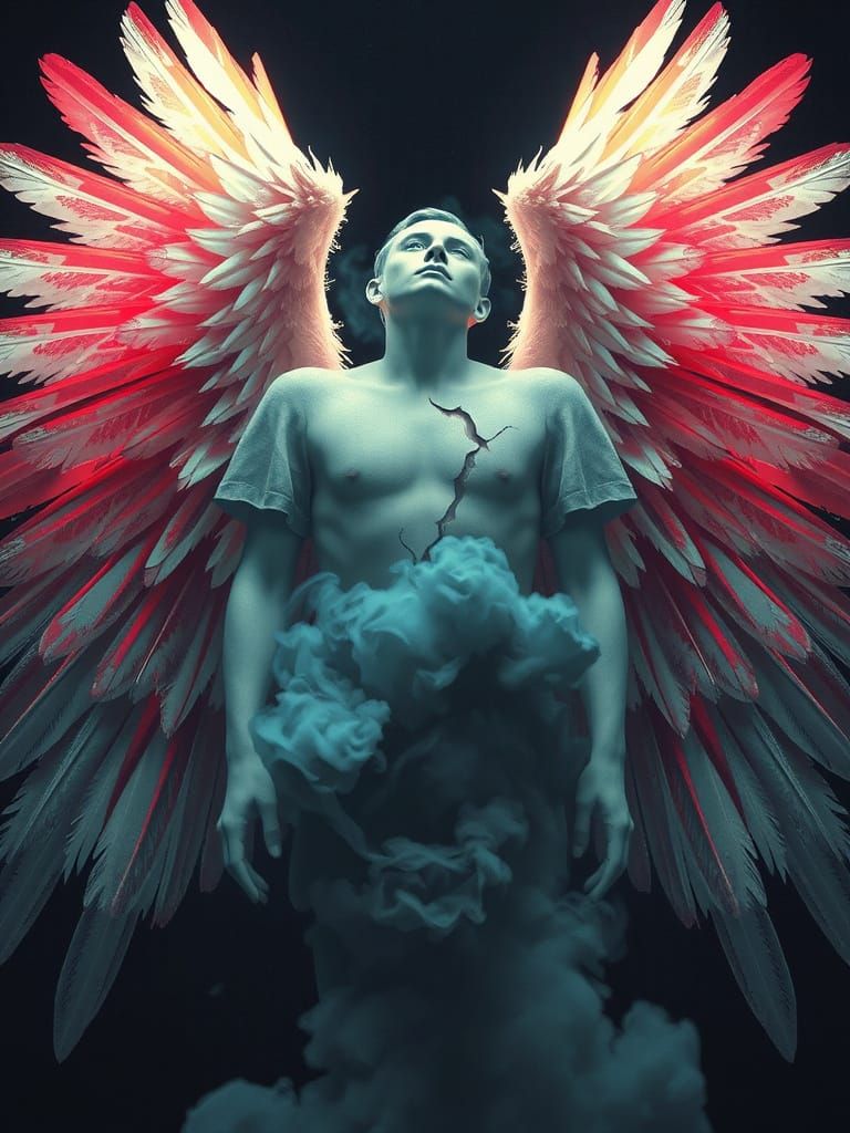 Glitching Angel Wings in Dystopian Futurism Style