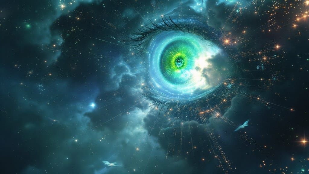 Surreal Flying Biomechanical Lifeform in Iridescent Clouds