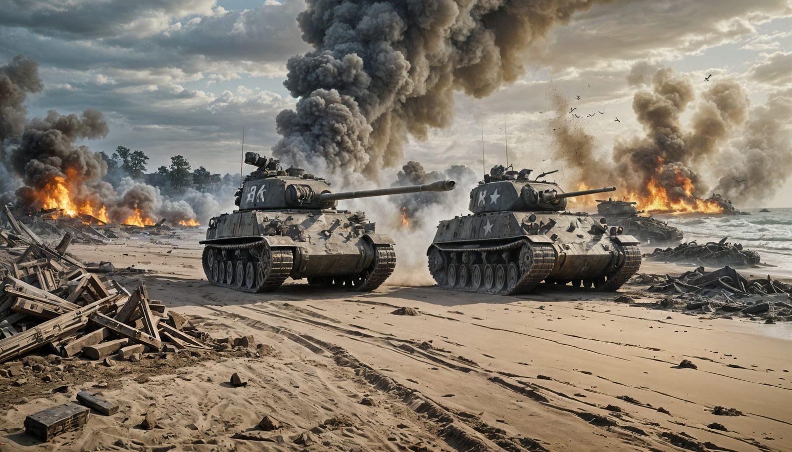 Sherman Tank on Normandy Beach in Military Art Style