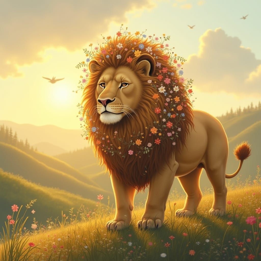 Lion with Wildflower Mane at Sunset