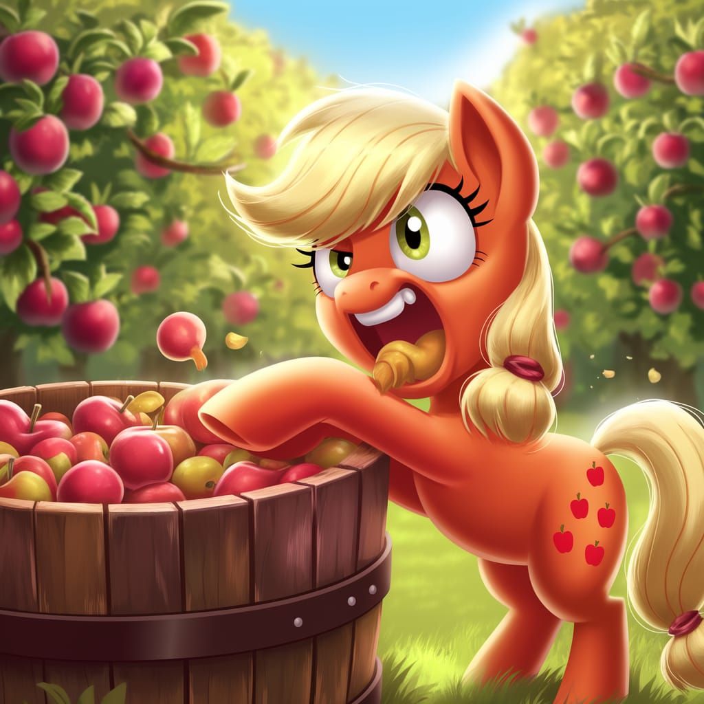 Fiery Earth Pony Munches on Juicy Apples in Vibrant Orchard