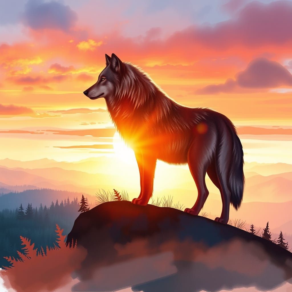 Wolf Silhouette at Sunset in Digital Watercolor Style