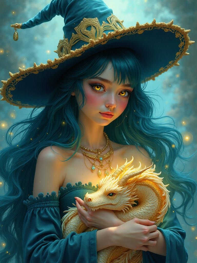 Mysterious Teal Witch in Whimsical Magic Halo