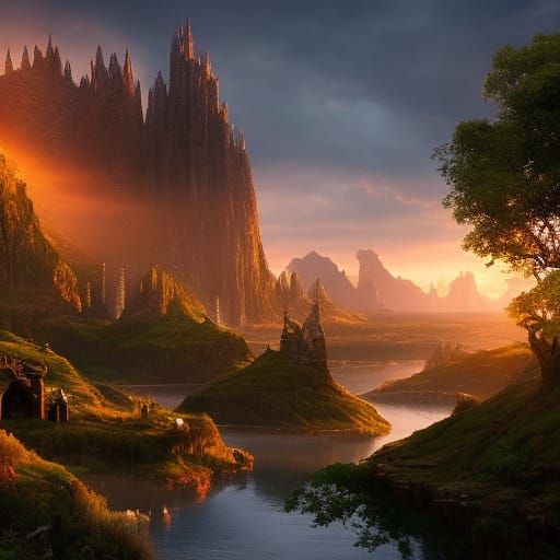 Angel and Demon: Peaceful Sunset in a Fantasy World