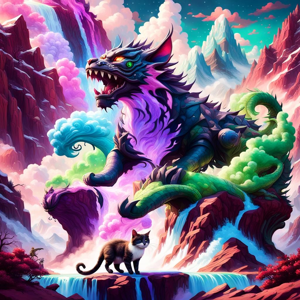 Cat Dragon in a Colorful Fantasy Landscape