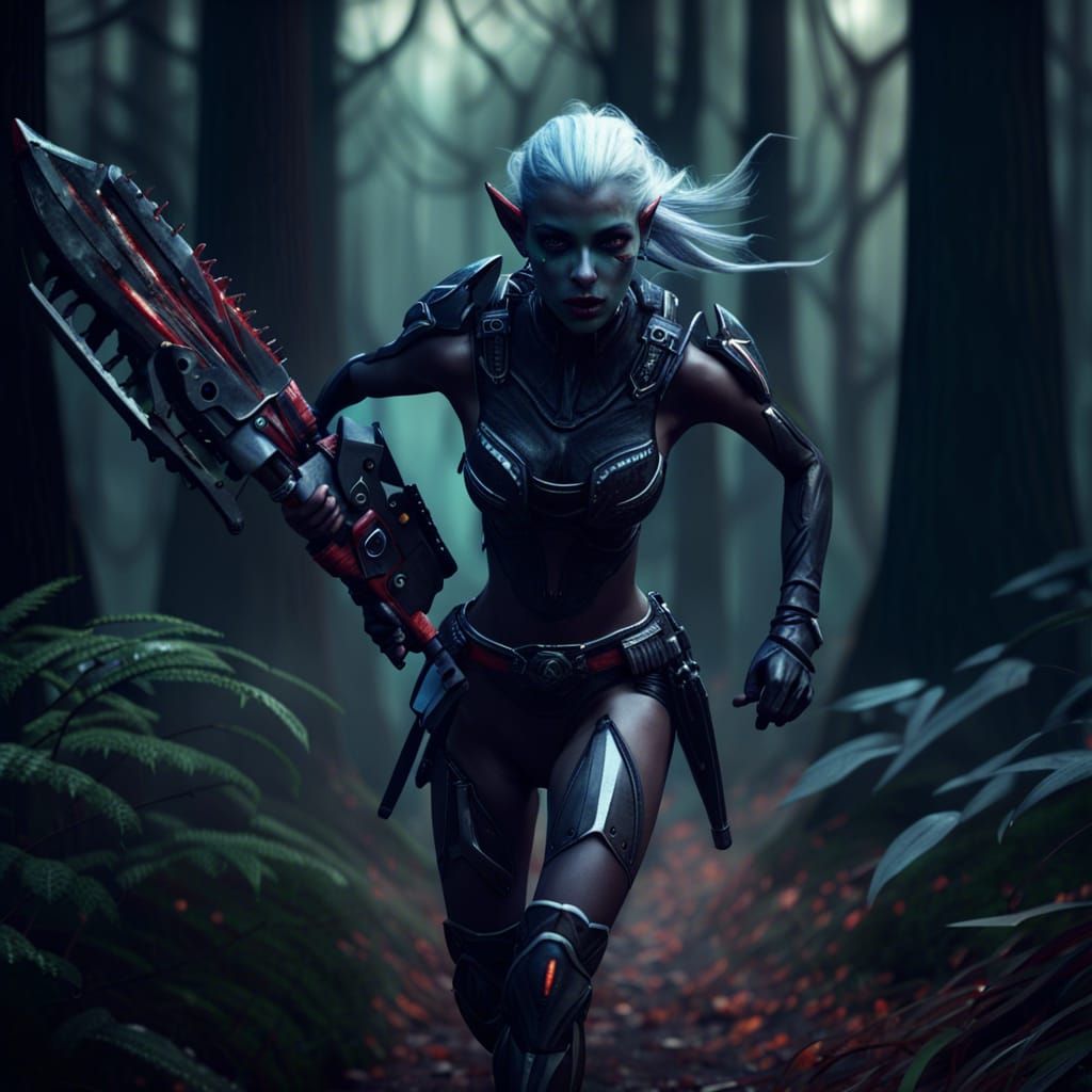 Dark Elf with Chainsaw in Hyperrealistic Forest