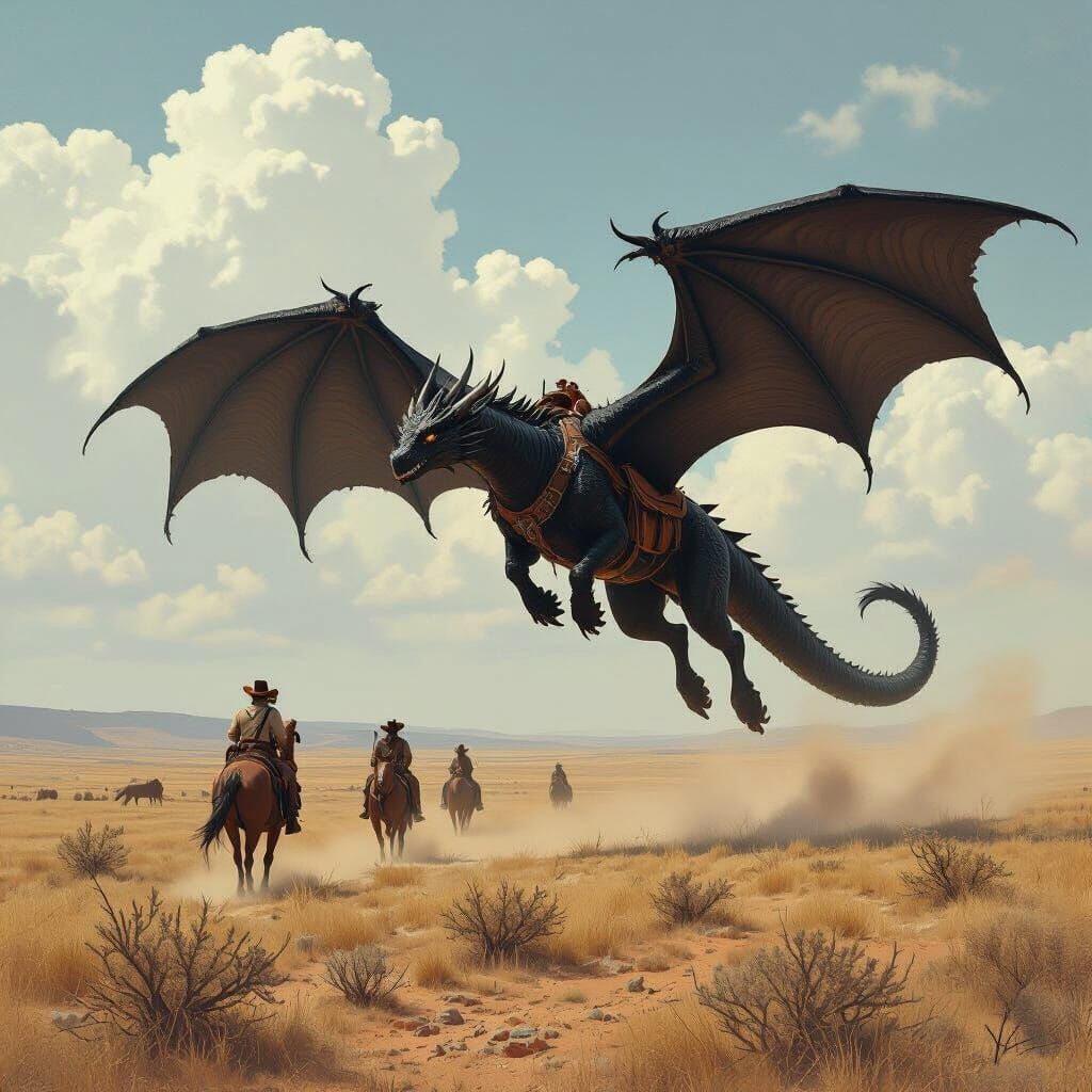 Black Dragon Soaring Over Texas Plains in Gritty Style