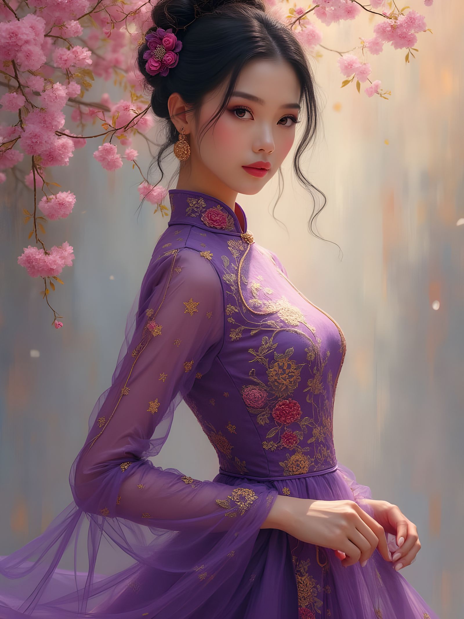 Elegant Asian Woman in Traditional Qipao amidst Dreamy Lands...