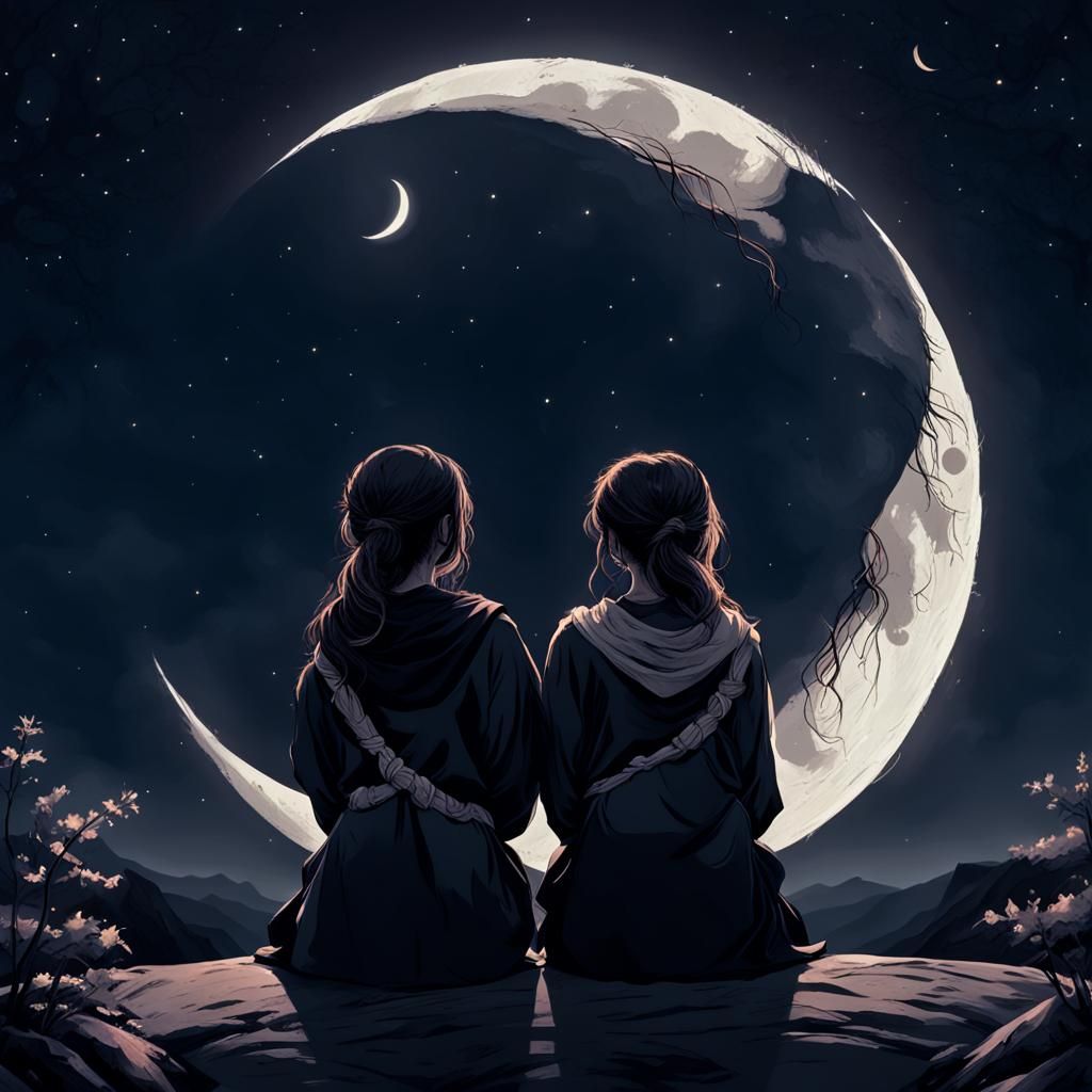 Girls Silhouetted by Moon in Night Sky