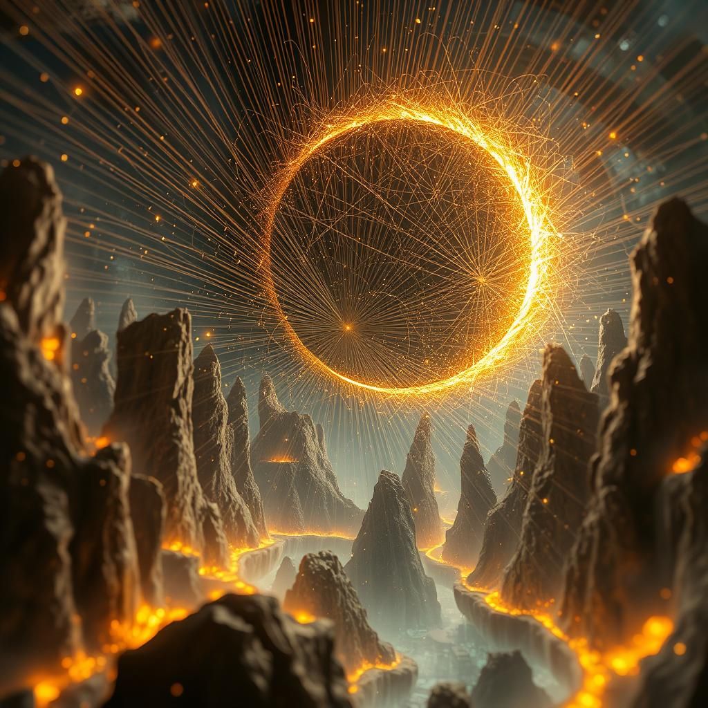 Golden Vortex Radiating Light in Dreamscape, HDR