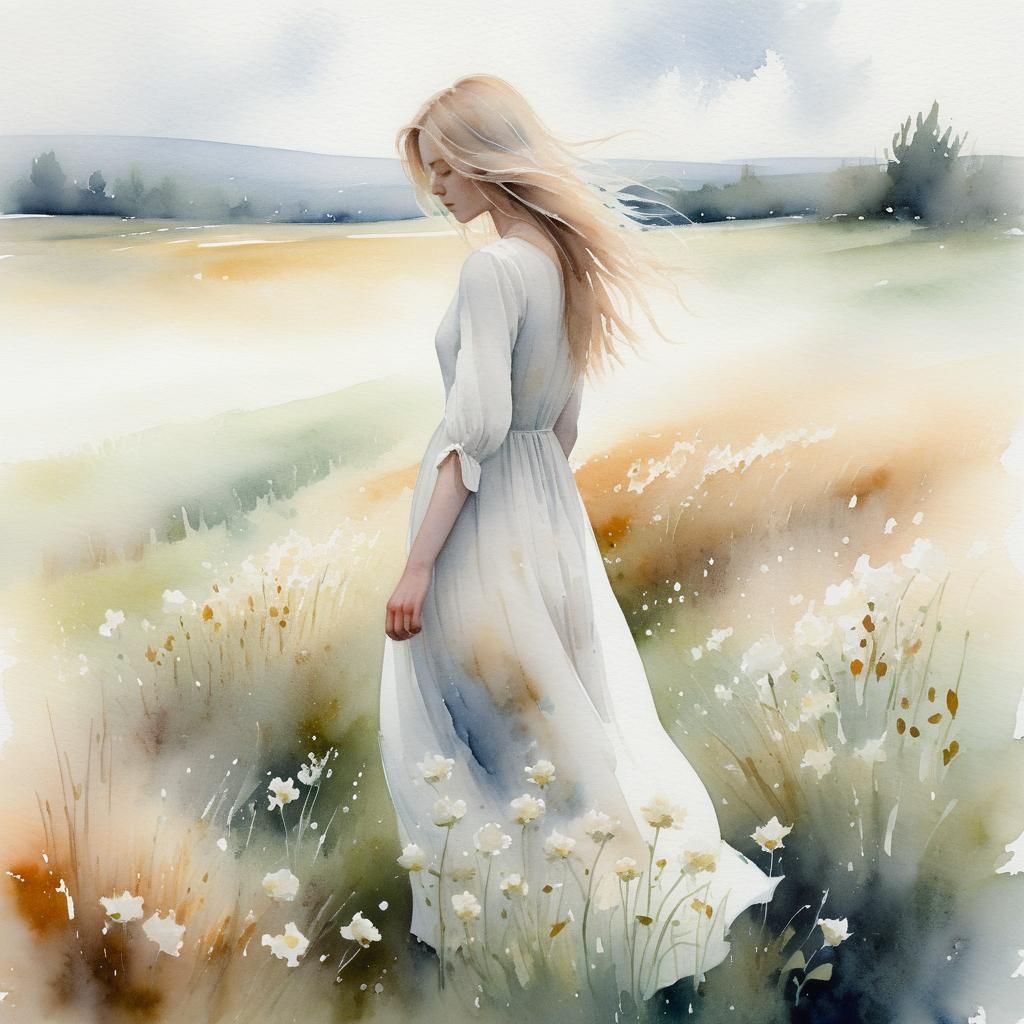 Ethereal Woman in Flower Field: Watercolor Impression