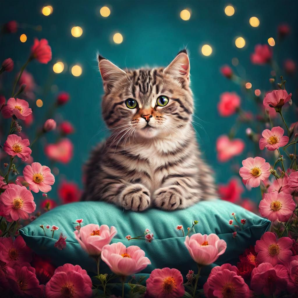 Cat in Floral Surrealist Dreamscape