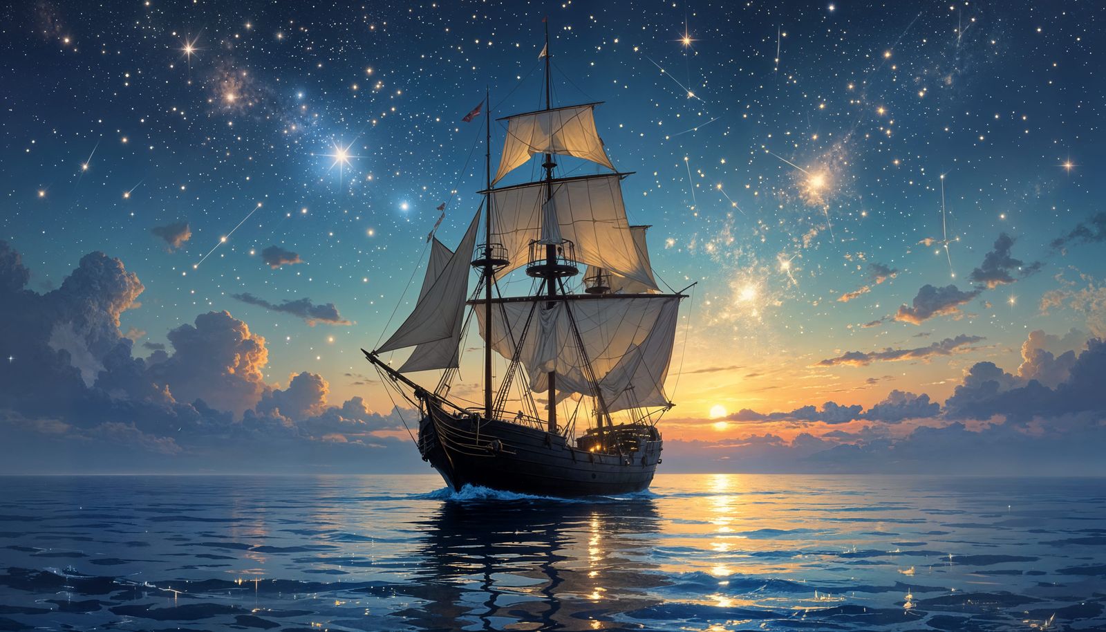Sailing Ship Under Constellations: Dramatic Painting