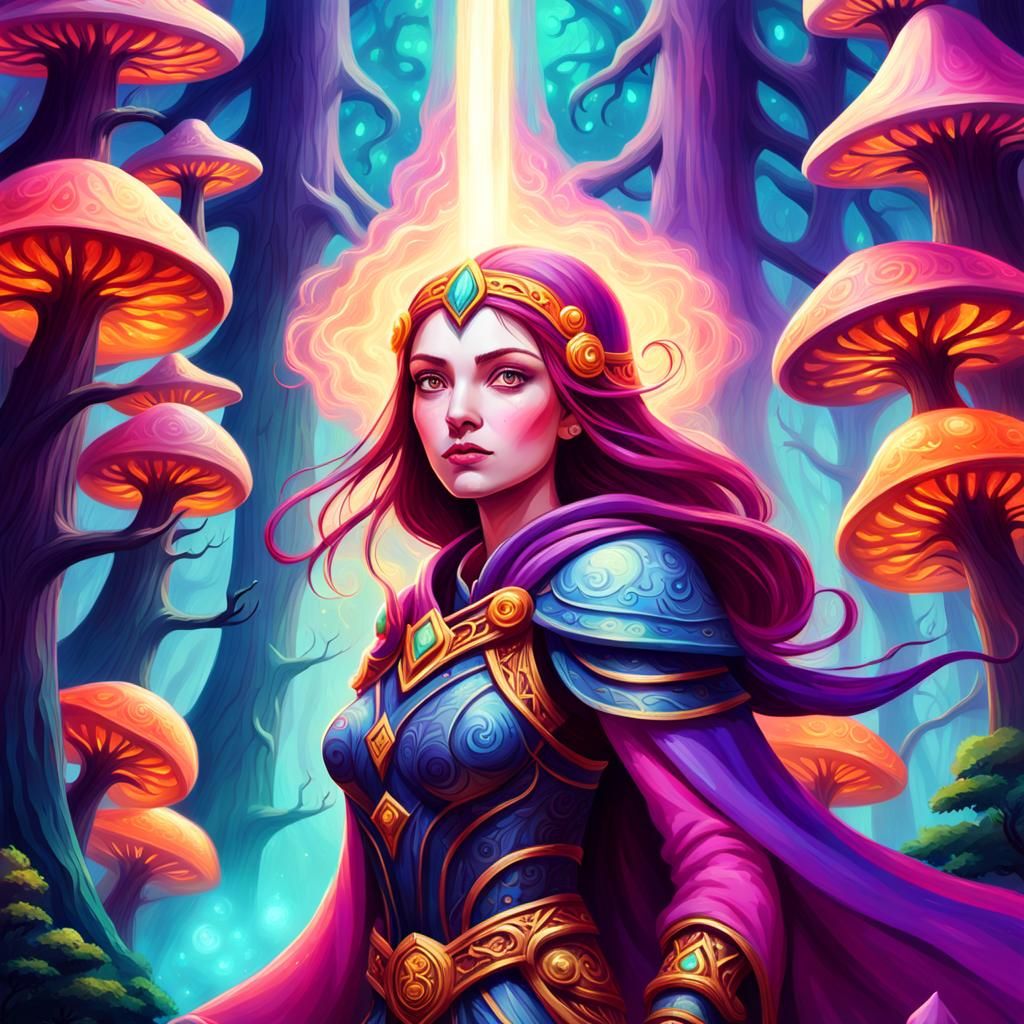Regal Sorceress in Mystical Forest: Oil Painting