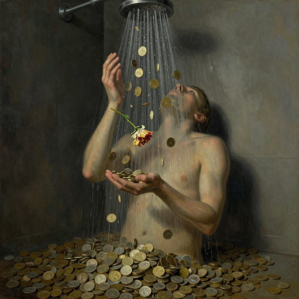 Surrealist Oil Painting of Wealth and Fragility