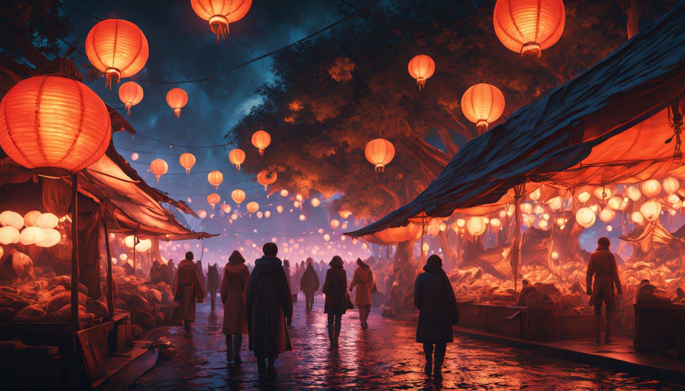 Surreal Cosmic Night Market Under Starry Skies