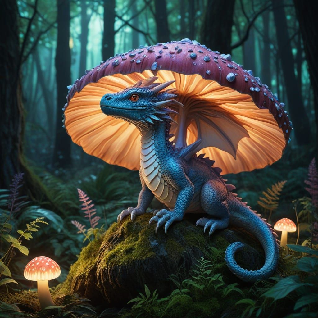 Anime Dragon on Mushroom in Bioluminescent Forest