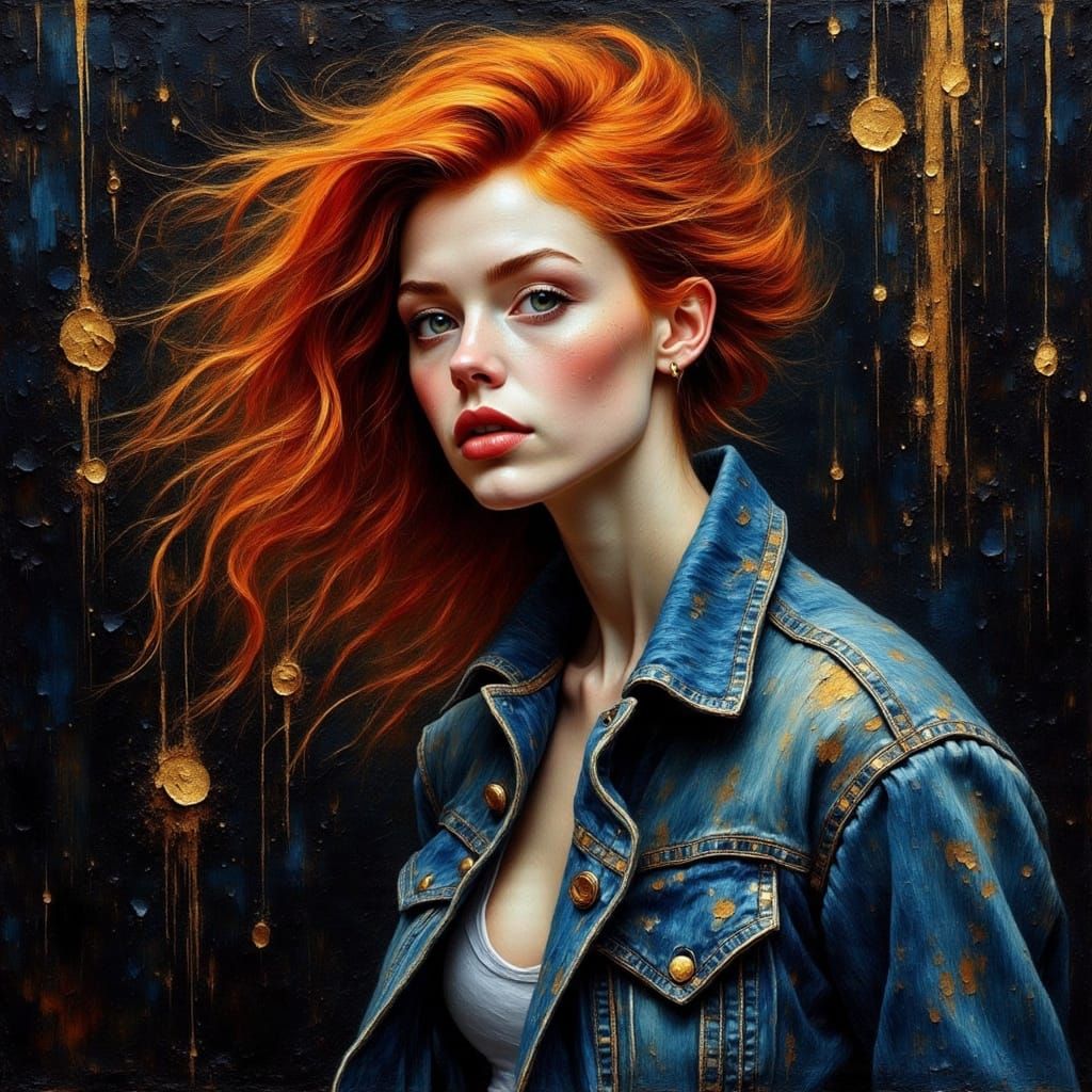 Grunge Neo-Impressionist Red-Haired Woman in Blue Denim Jack...