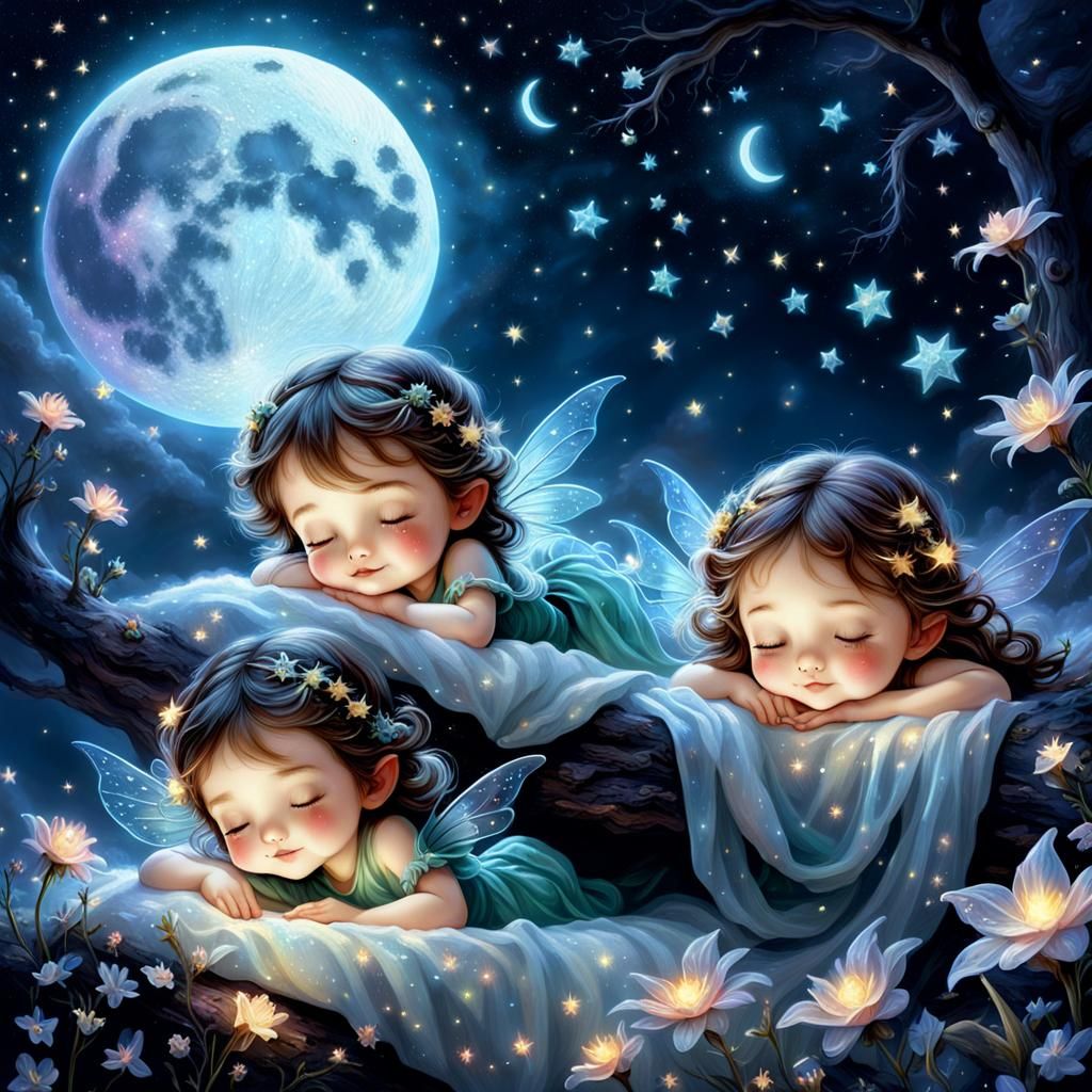Fairies Sleeping on Bioluminescent Moon in Galaxy