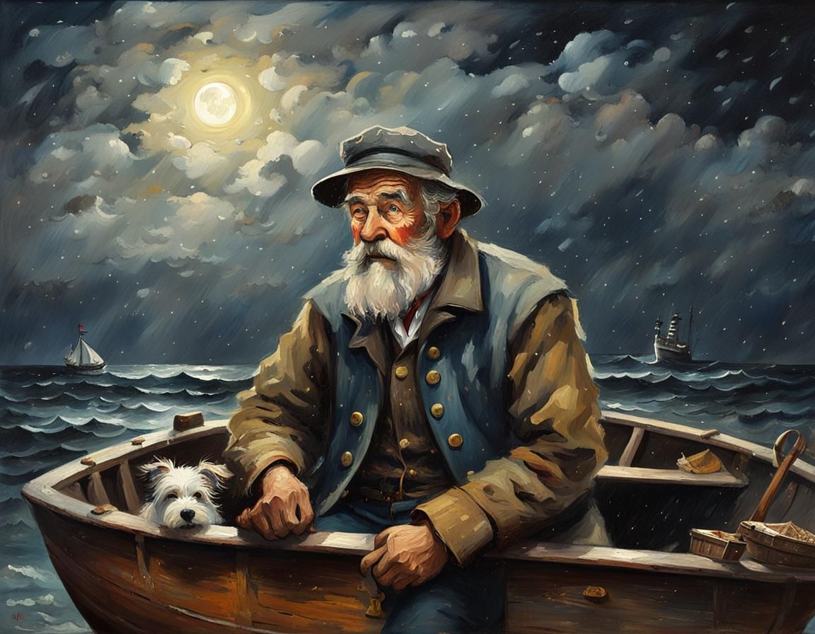 Fisherman and Dog in Stormy Seas, Impasto Oil Painting