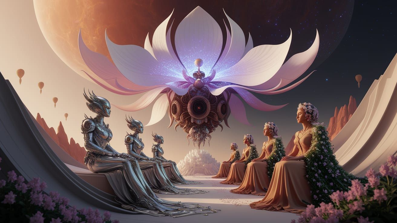 Interstellar Orchid Space Station in Surreal Style