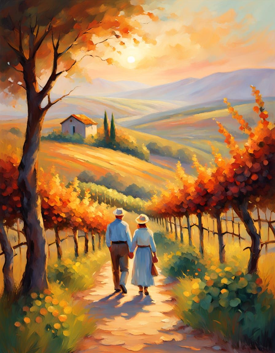Serene Impressionist Scene of a Couple Walking in a Golden V...