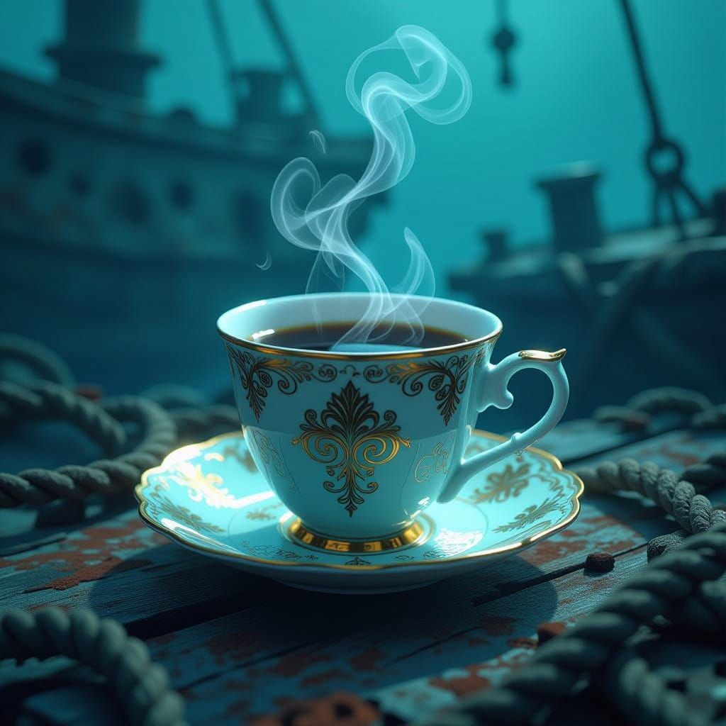 Surreal Coffee in Sunken Ship Wreckage in Hyper-Realistic An...
