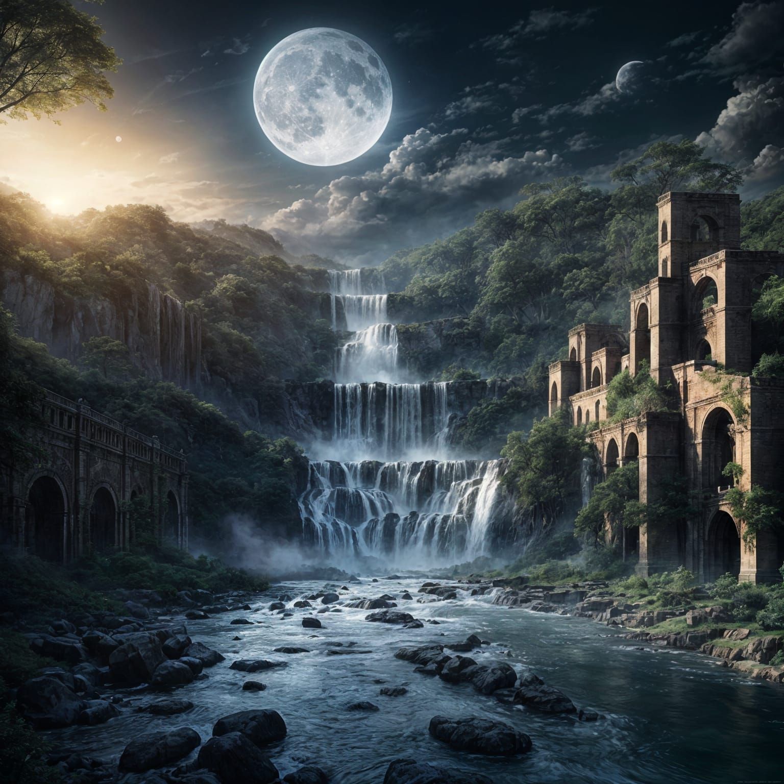 Moonlit Waterfalls Flowing from Fractured Aqueducts