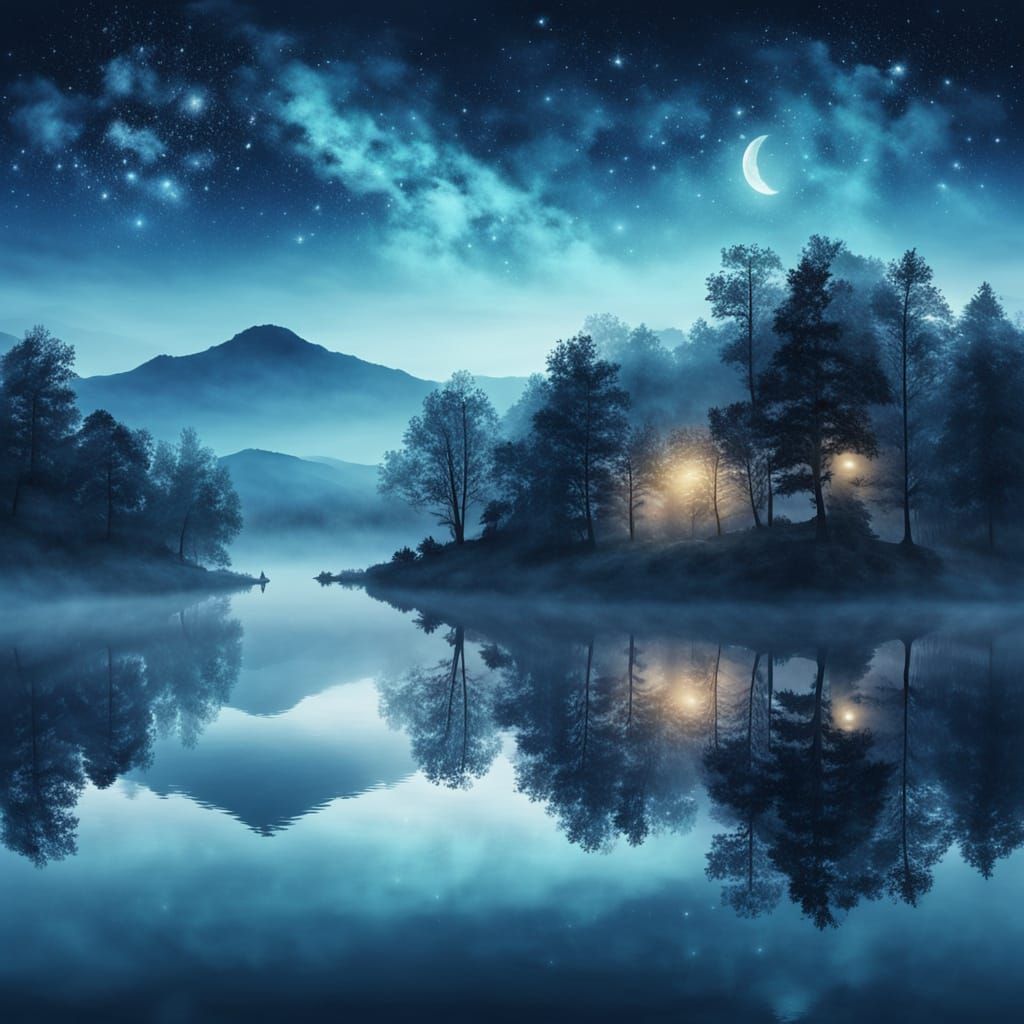 Dreamy Lake at Night with Star Reflections, Oil Painting