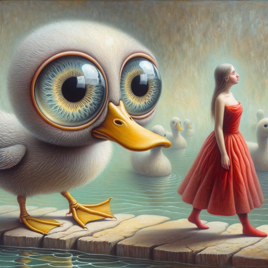 Surreal Duckling Dances for Woman in Dreamlike Painting