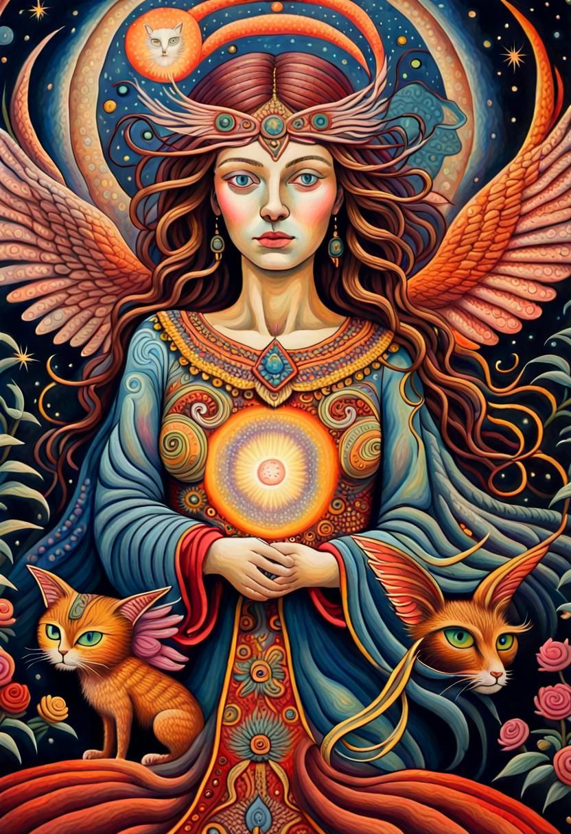 Mystic in Dream Forest: Naive Folk-Art Painting