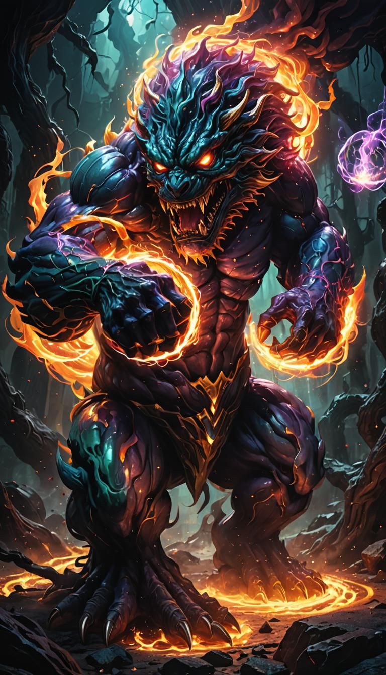 Toroidal Monster Punches Magical Foe: Digital Art