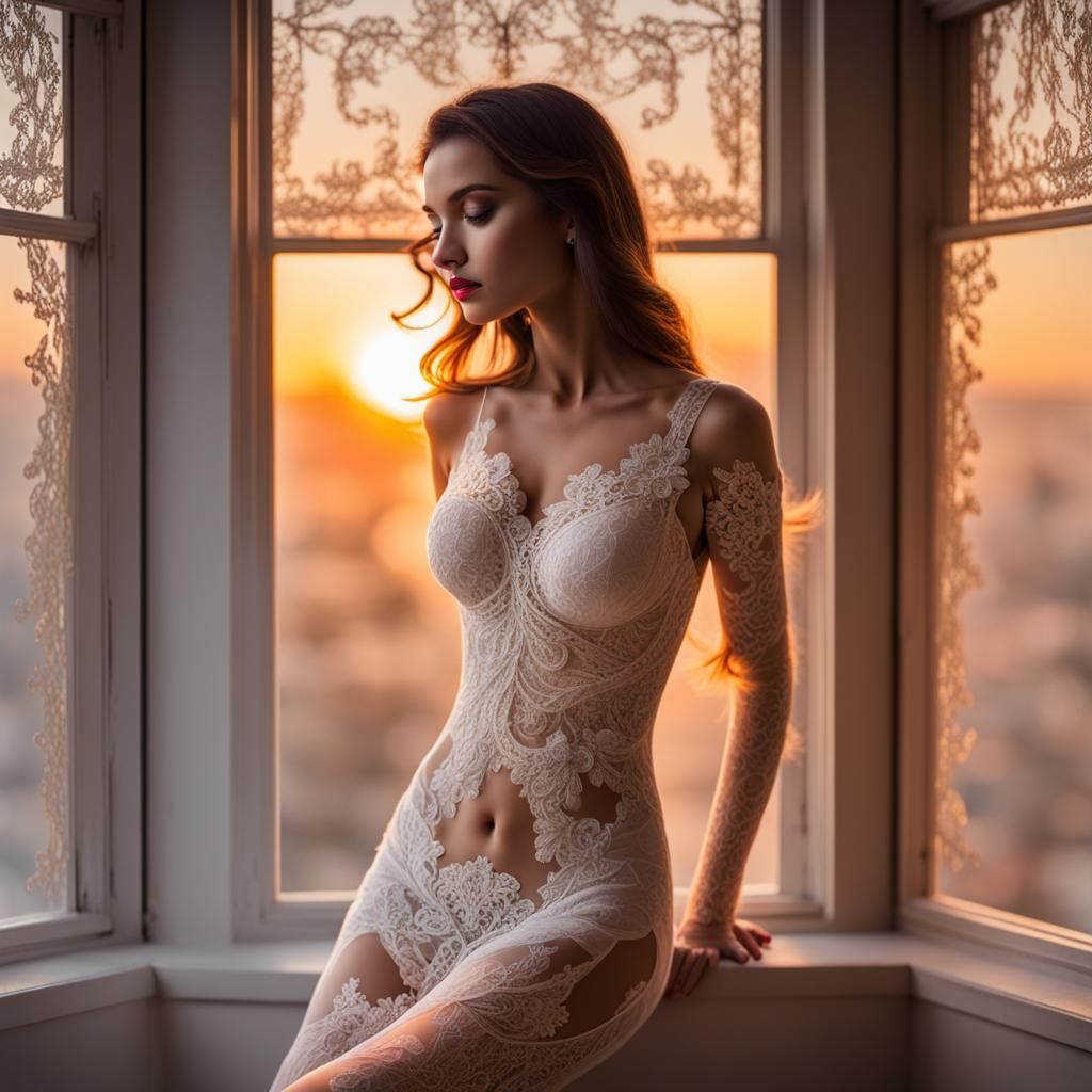 Sunrise Reflection: Woman in Tulle and Lace