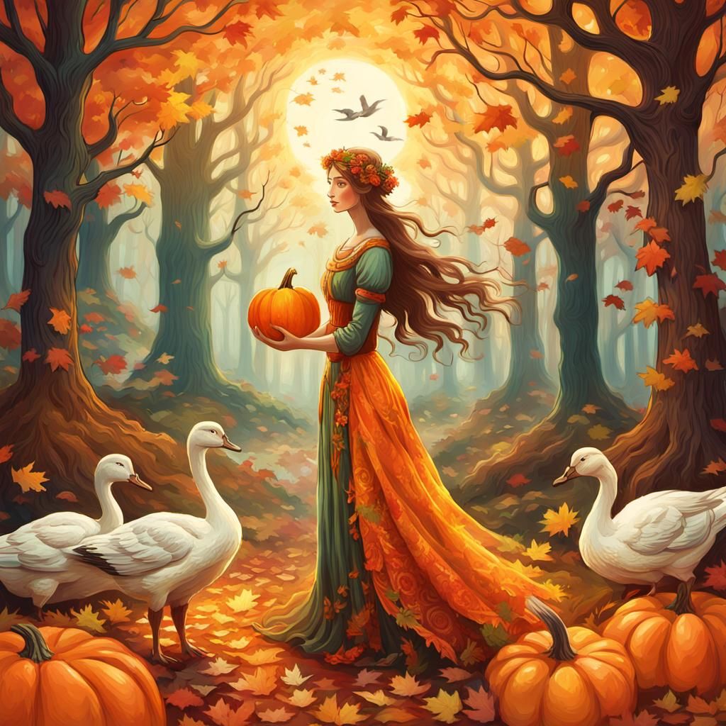 Autumn Goddess with Pumpkin in Fauvist Style