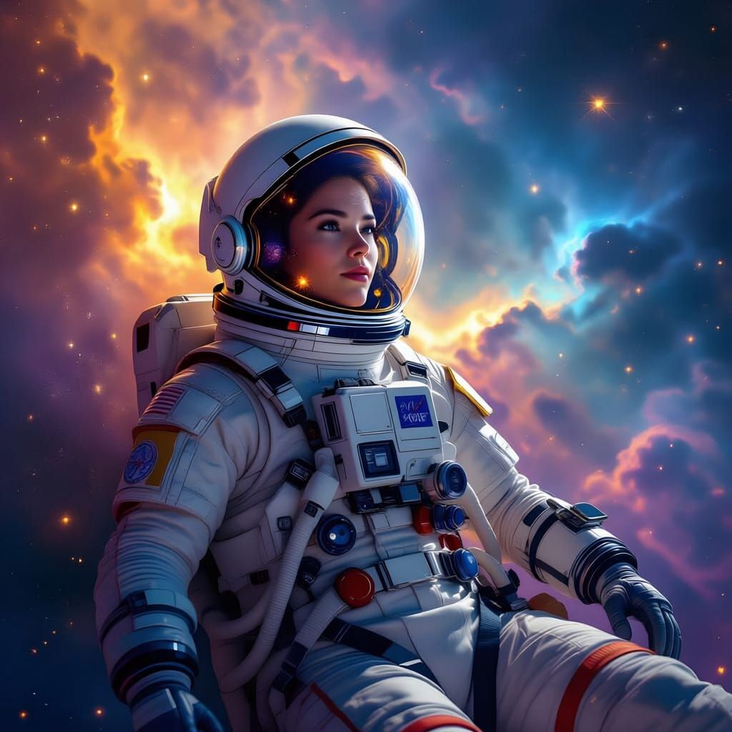 Astronaut Adrift in Cosmic Nebula Reflecting Galaxy