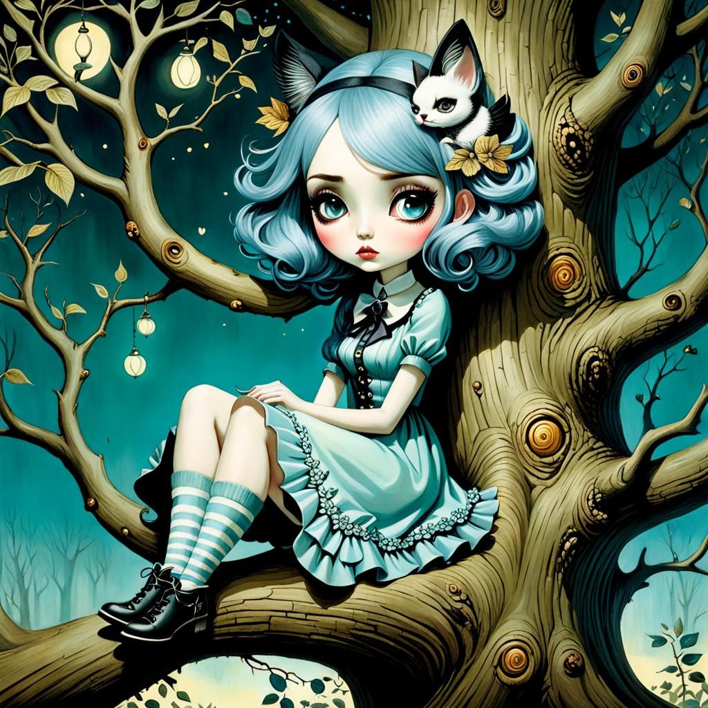 Girl in Tree, Surrealist Pop Art Style