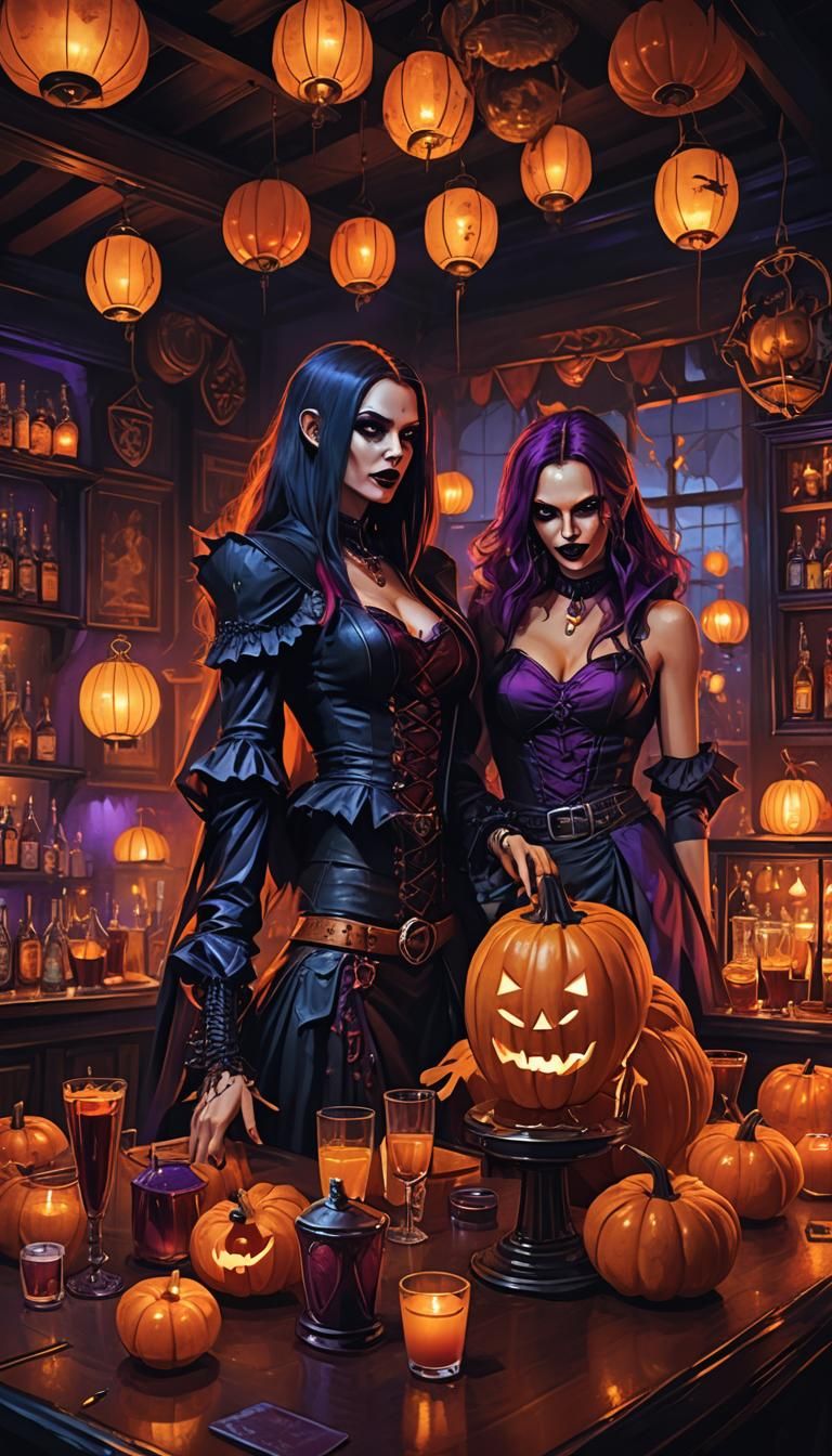 Vampire Girls Celebrate Halloween in Heavy Metal Pub