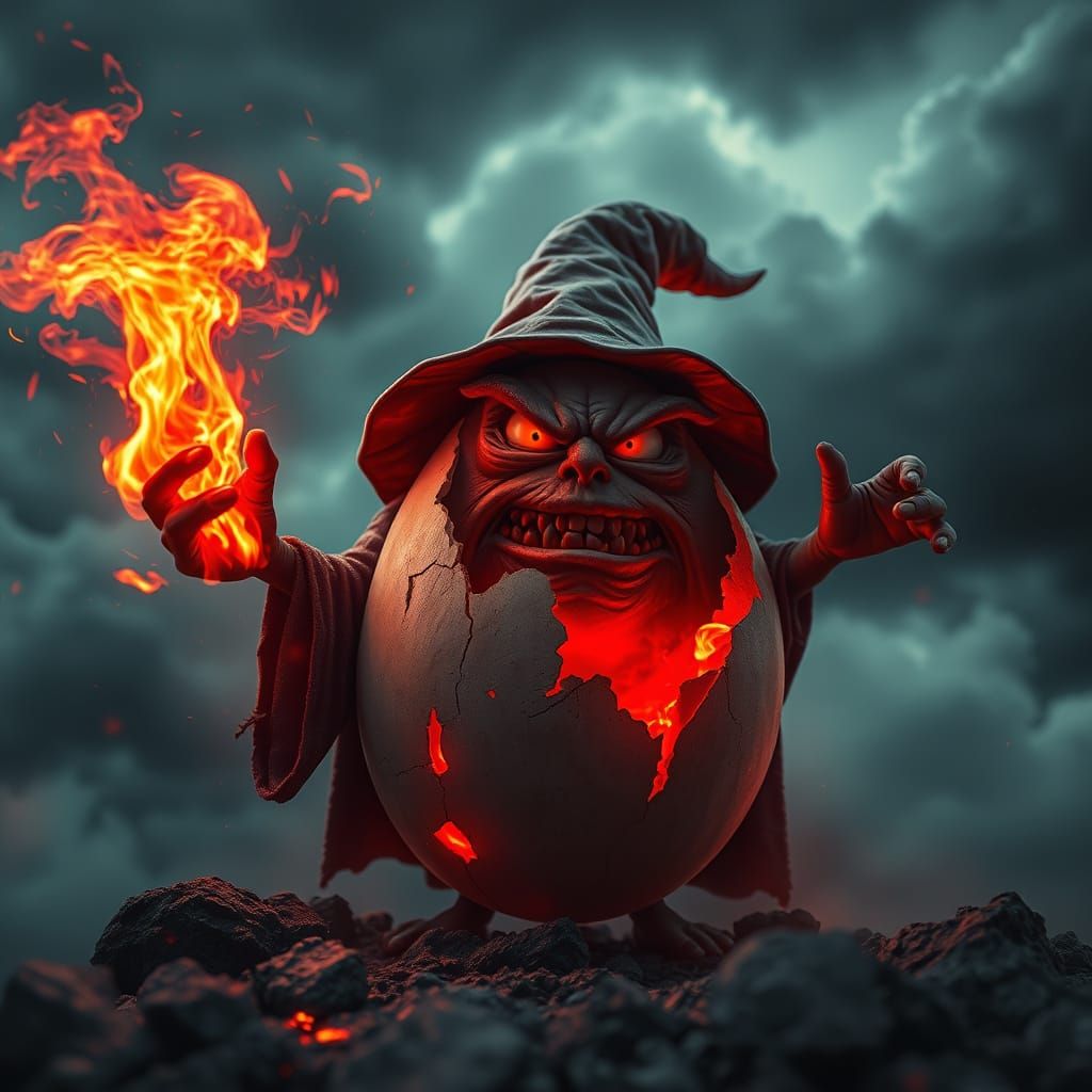 Hyperrealistic Egg Wizard Casting Fireballs in Storm
