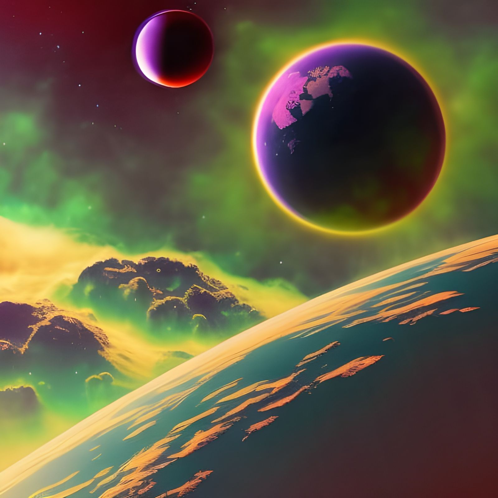 Green and Purple Planets in Nebula: Cosmic Illustration